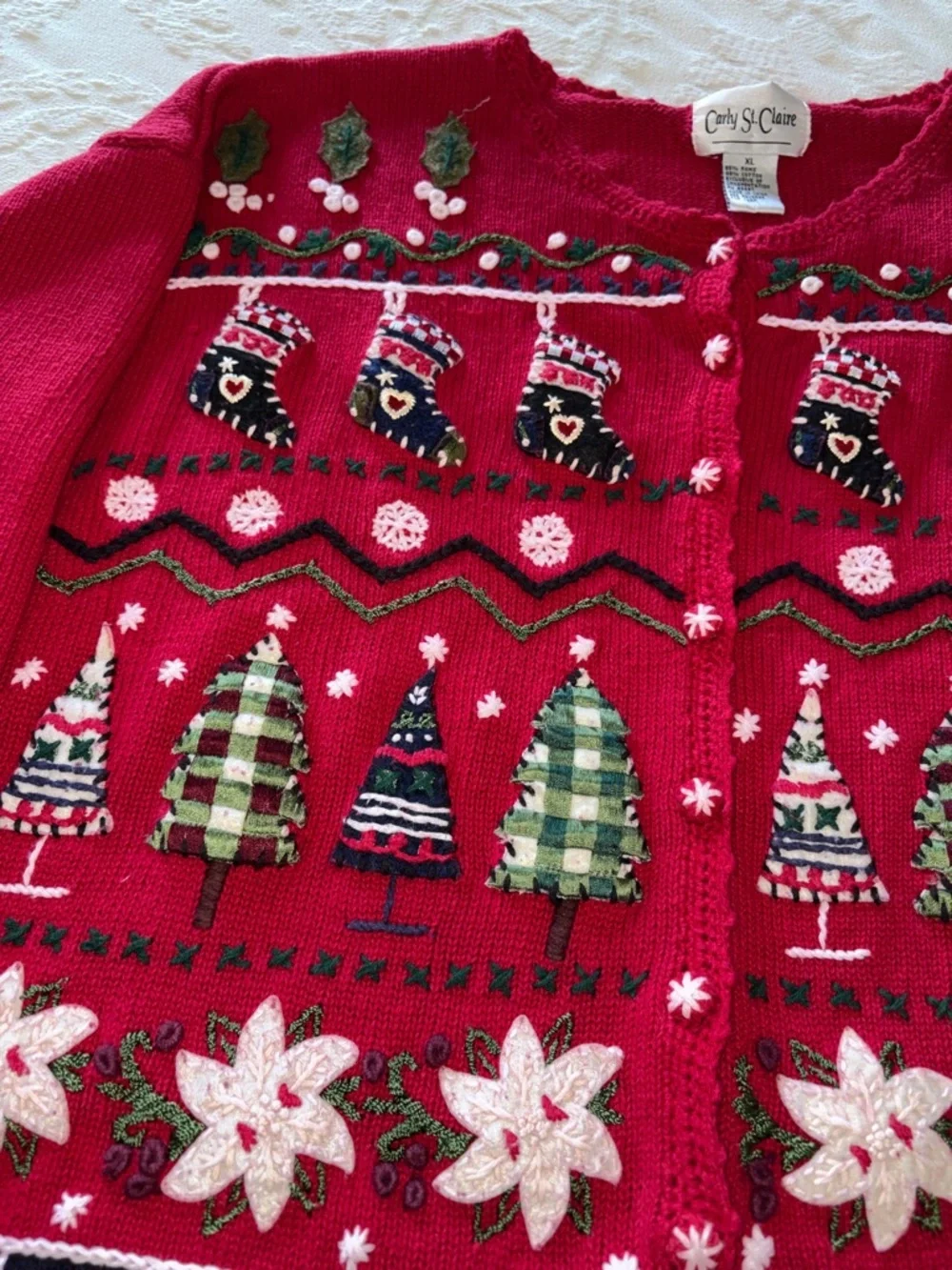 Vintage Carly St. Claire Red Holiday Embroidered Cardigan Sweater XL